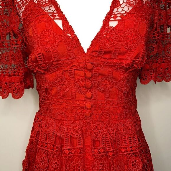 Self-Portrait Guipure V-Neck Puff Sleeve Red Midi Dress US 2 UK 4 Extra Small - Picture 5 of 10
